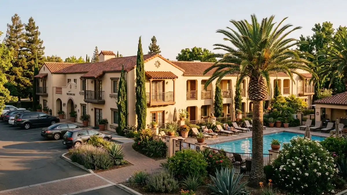 Hotels and accommodation options near mapped restrooms in Davis, California