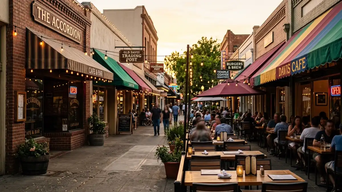 Restaurant district in Davis, California with nearby public restroom facilities