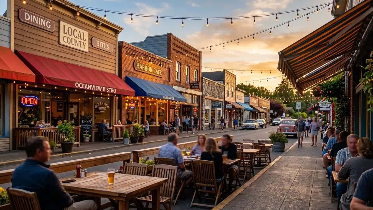 Restaurant district in Del Norte County, California with nearby public restroom facilities