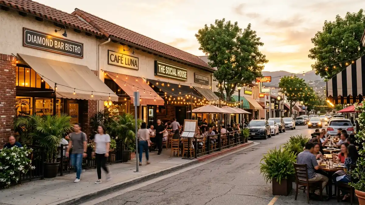 Restaurant district in Diamond Bar, California with nearby public restroom facilities