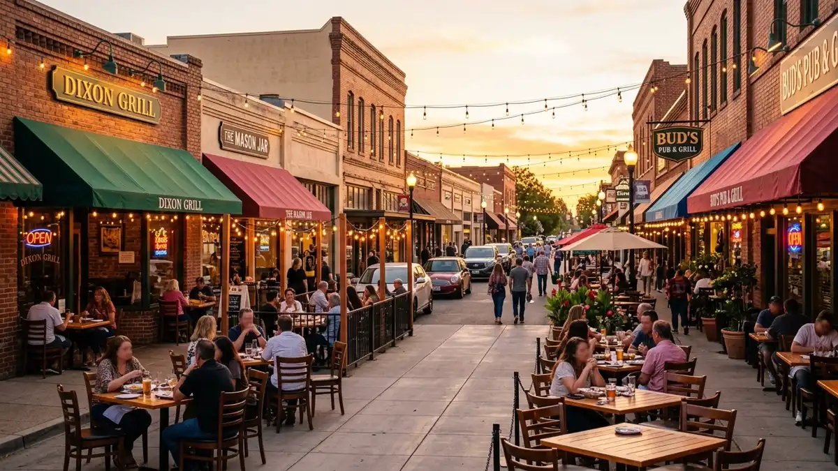 Restaurant district in Dixon, California with nearby public restroom facilities
