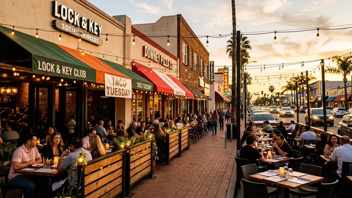 Restaurant district in Downey, California with nearby public restroom facilities