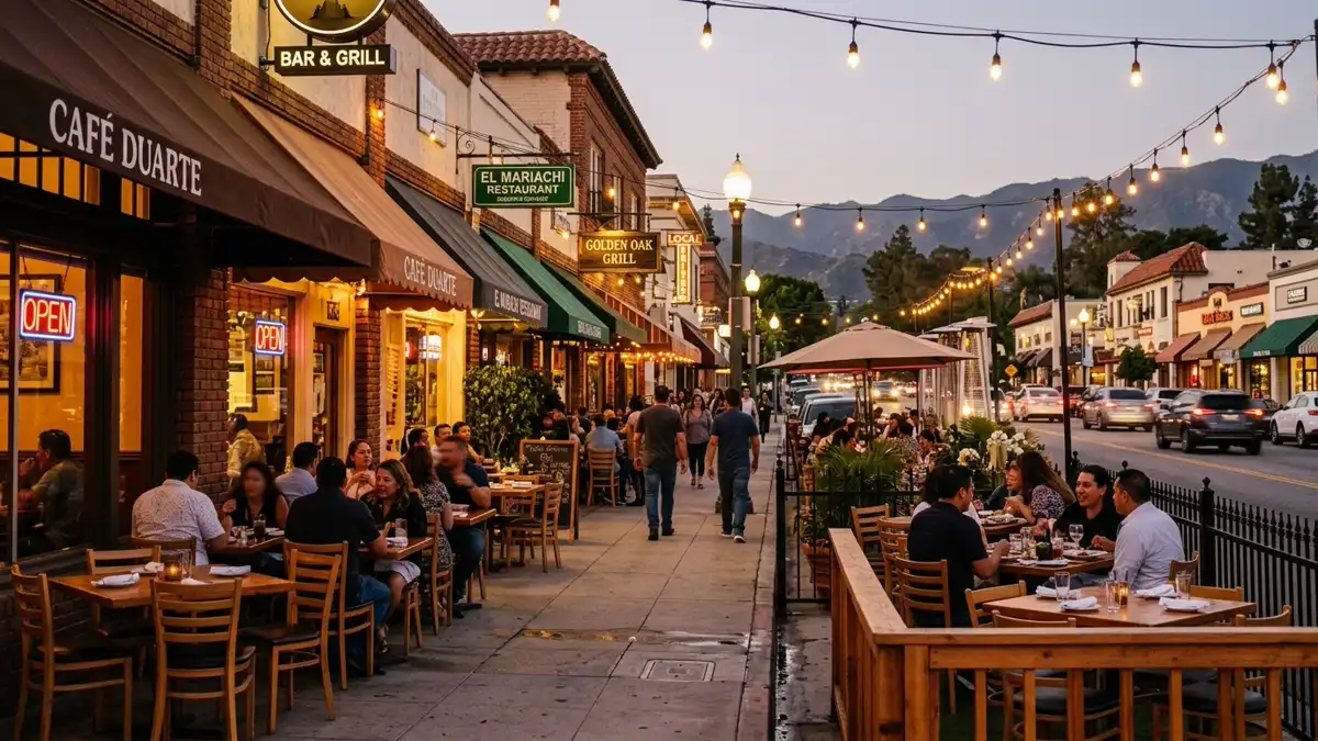 Restaurant district in Duarte, California with nearby public restroom facilities