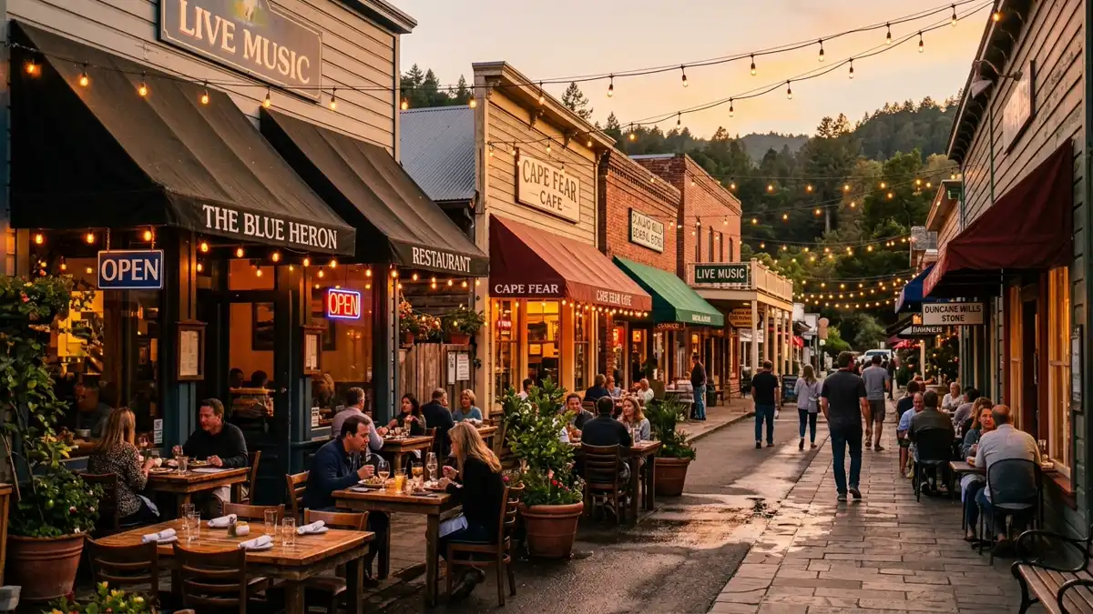 Restaurant district in Duncans Mills, California with nearby public restroom facilities