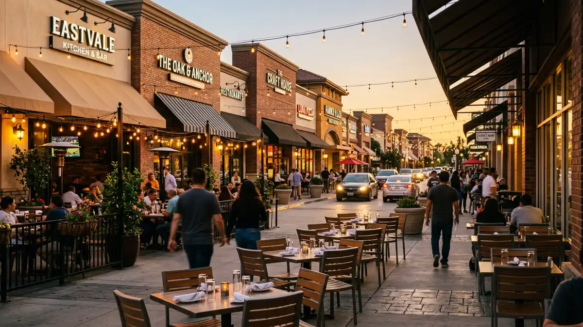 Restaurant district in Eastvale, California with nearby public restroom facilities