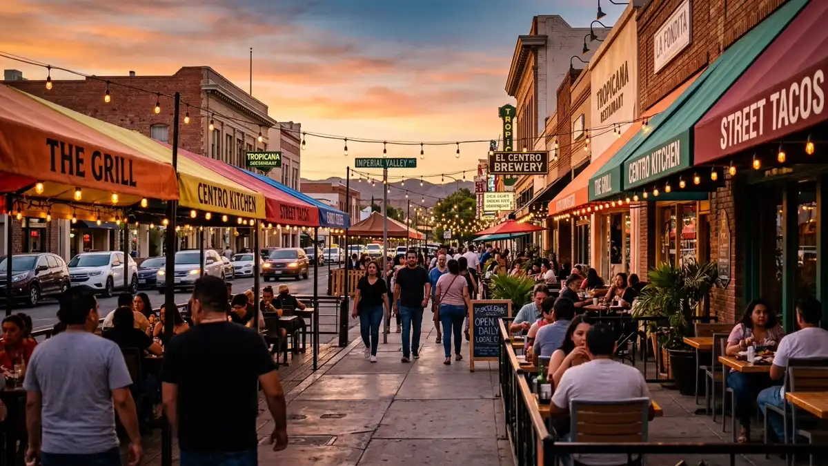 Restaurant district in El Centro, California with nearby public restroom facilities