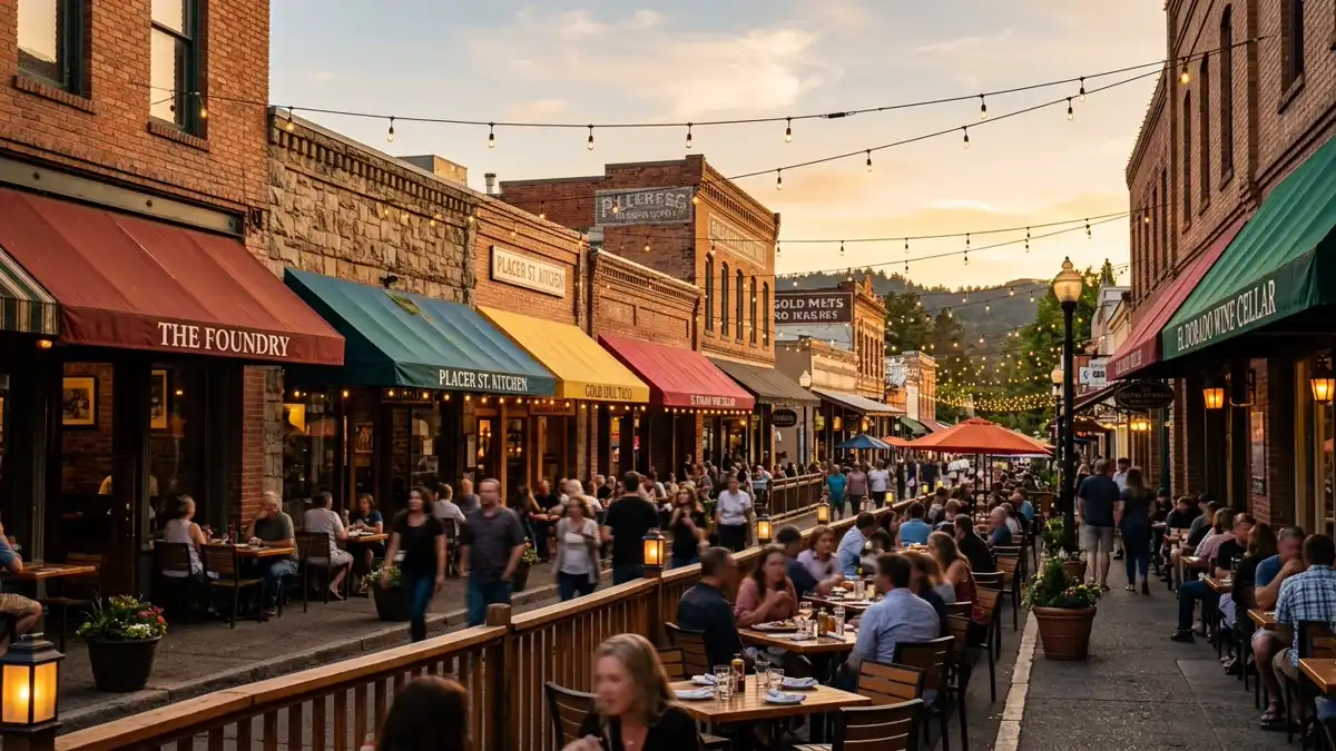 Restaurant district in El Dorado County, California with nearby public restroom facilities