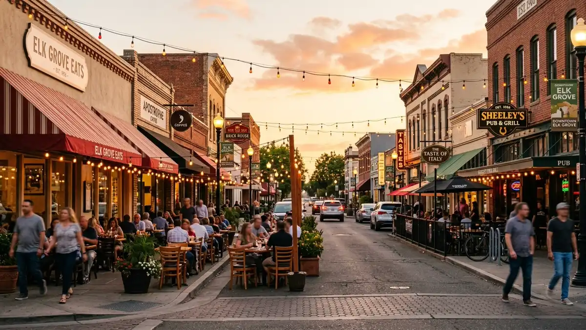 Restaurant district in Elk Grove, California with nearby public restroom facilities