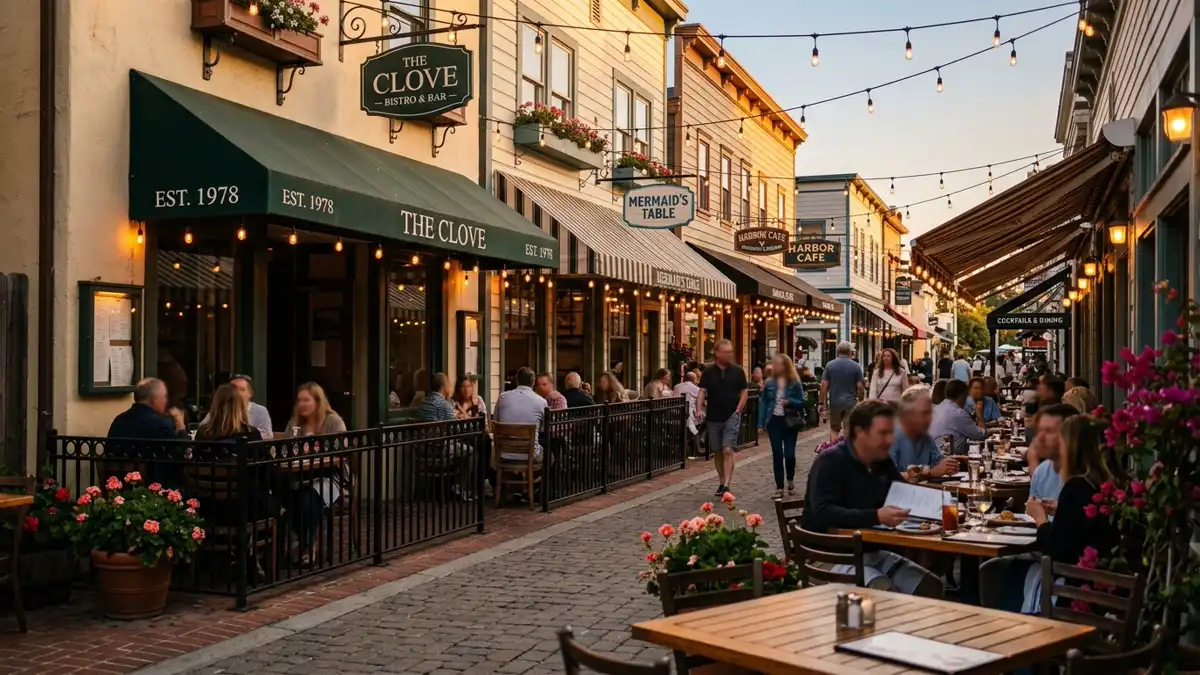 Restaurant district in Emerald Bay, California with nearby public restroom facilities