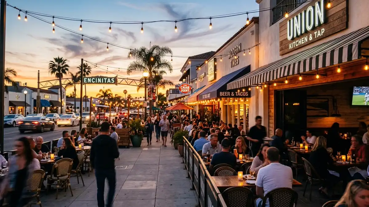 Restaurant district in Encinitas, California with nearby public restroom facilities