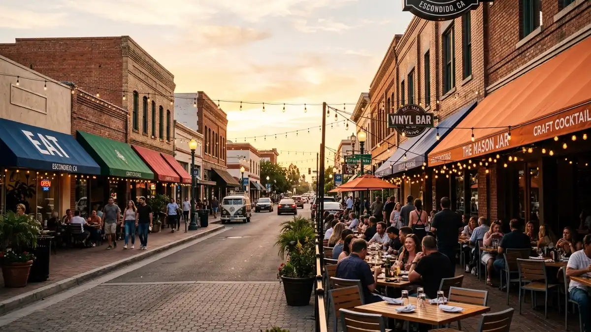 Restaurant district in Escondido, California with nearby public restroom facilities
