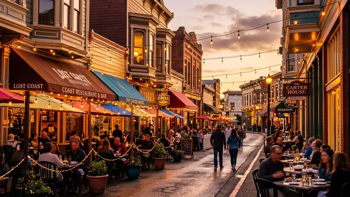 Restaurant district in Eureka, California with nearby public restroom facilities