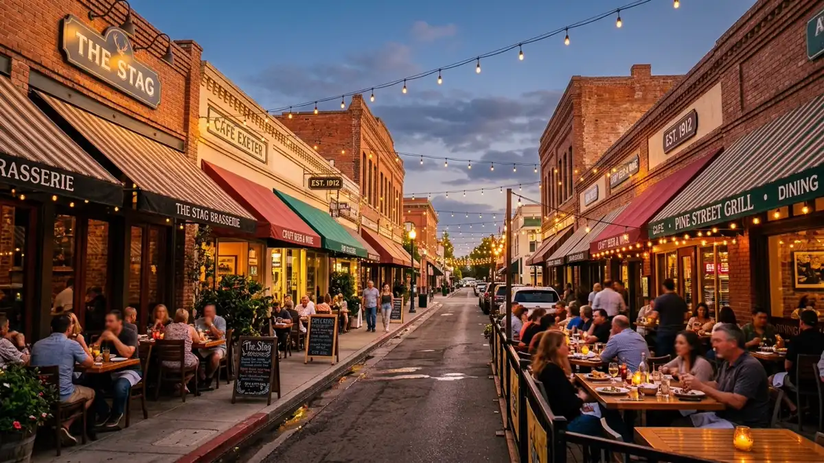 Restaurant district in Exeter, California with nearby public restroom facilities
