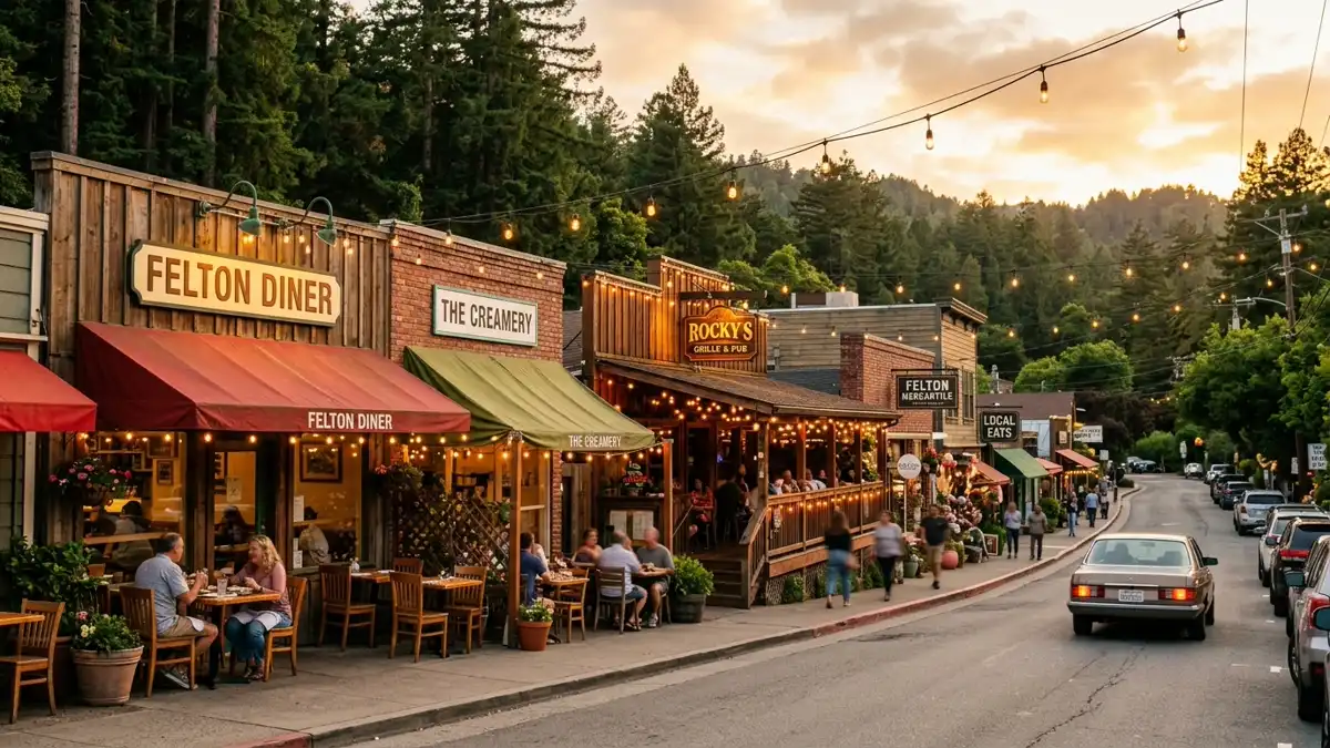 Restaurant district in Felton, California with nearby public restroom facilities