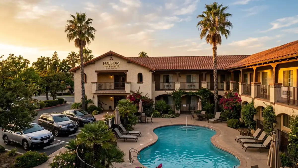 Hotels and accommodation options near mapped restrooms in Folsom, California