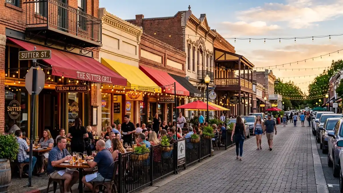 Restaurant district in Folsom, California with nearby public restroom facilities