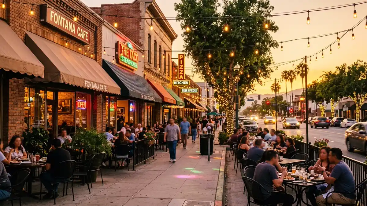 Restaurant district in Fontana, California with nearby public restroom facilities