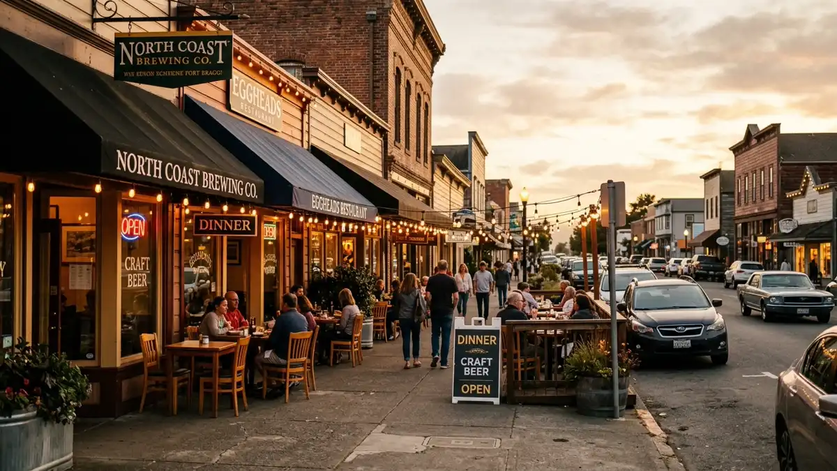 Restaurant district in Fort Bragg, California with nearby public restroom facilities