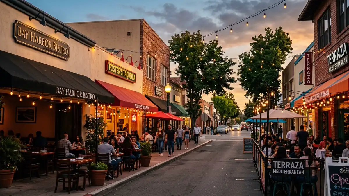 Restaurant district in Foster City, California with nearby public restroom facilities