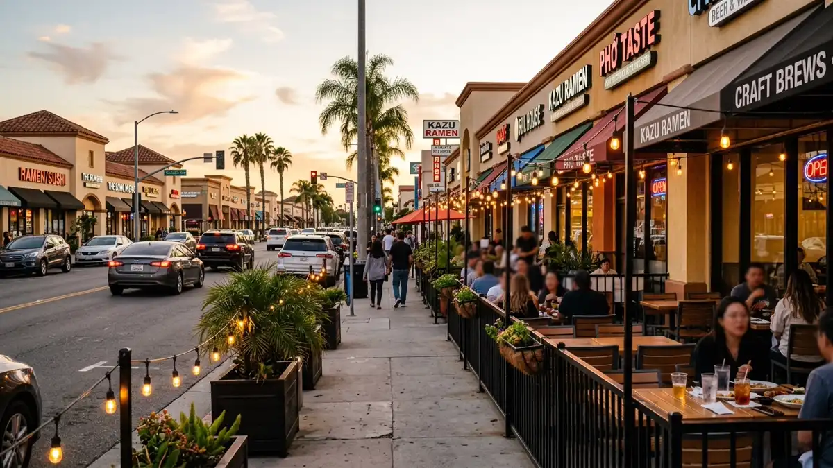 Restaurant district in Fountain Valley, California with nearby public restroom facilities