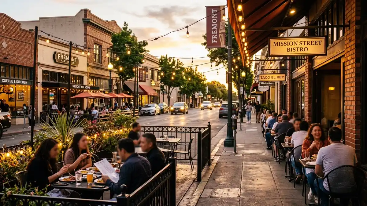 Restaurant district in Fremont, California with nearby public restroom facilities
