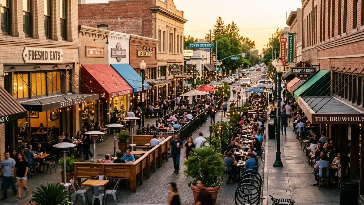 Restaurant district in Fresno County, California with nearby public restroom facilities