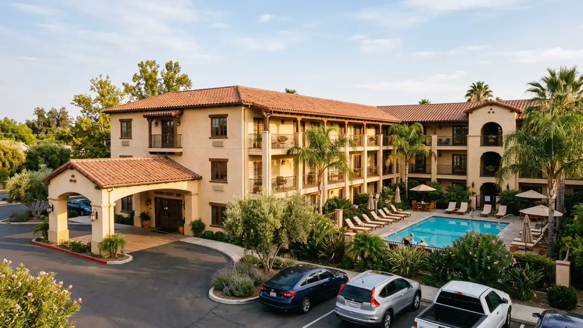 Hotels and accommodation options near mapped restrooms in Fresno, California