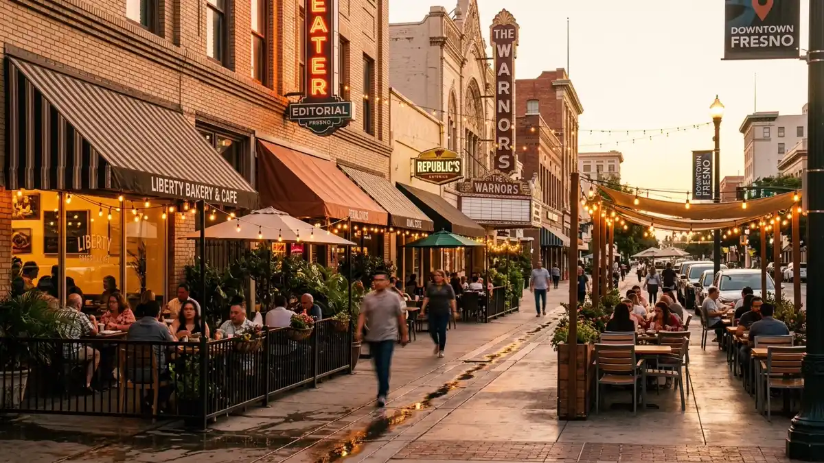Restaurant district in Fresno, California with nearby public restroom facilities