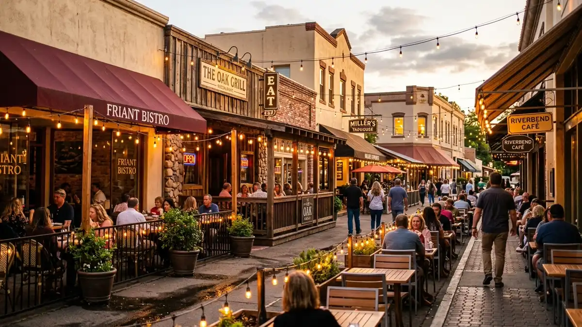 Restaurant district in Friant, California with nearby public restroom facilities