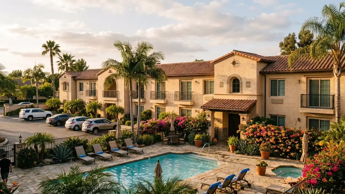 Hotels and accommodation options near mapped restrooms in Fullerton, California