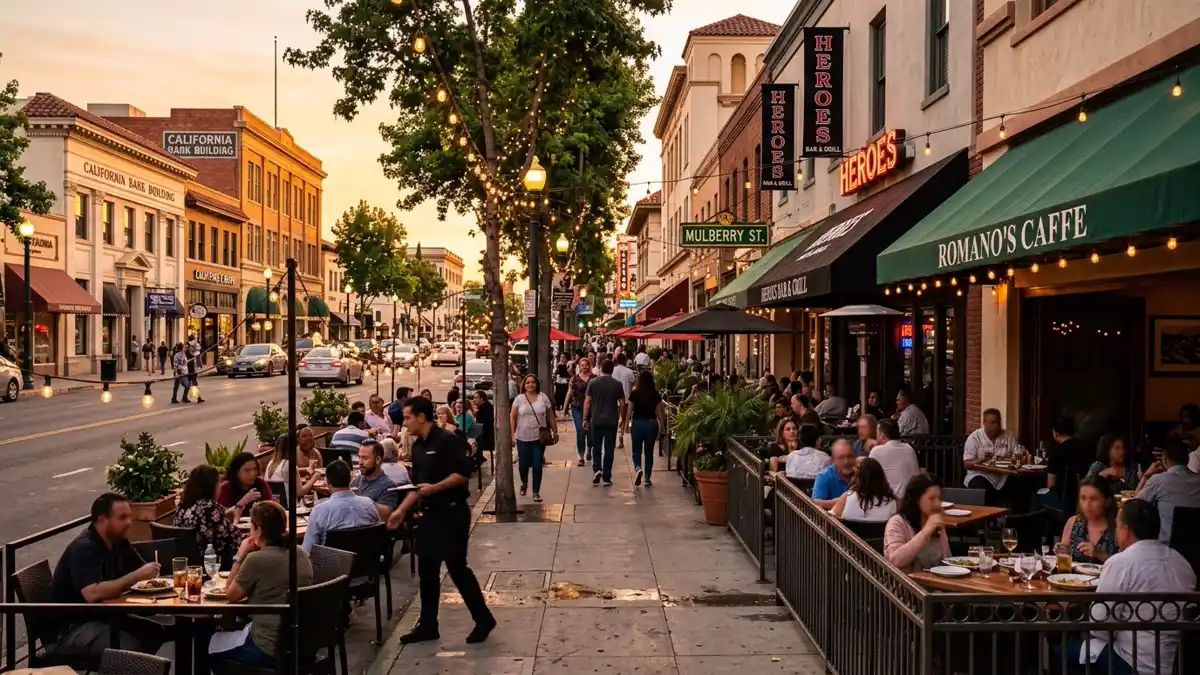 Restaurant district in Fullerton, California with nearby public restroom facilities