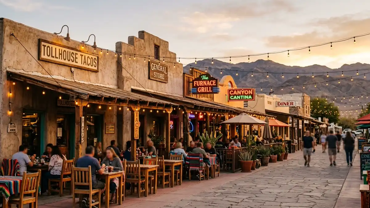 Restaurant district in Furnace Creek, California with nearby public restroom facilities