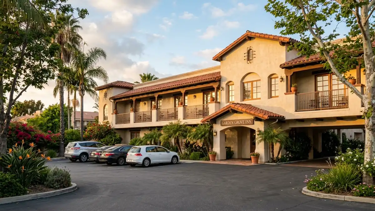 Hotels and accommodation options near mapped restrooms in Garden Grove, California
