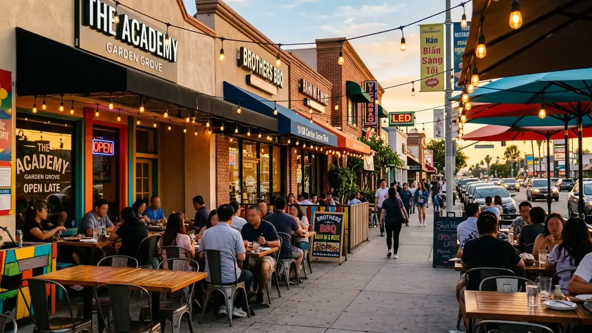 Restaurant district in Garden Grove, California with nearby public restroom facilities