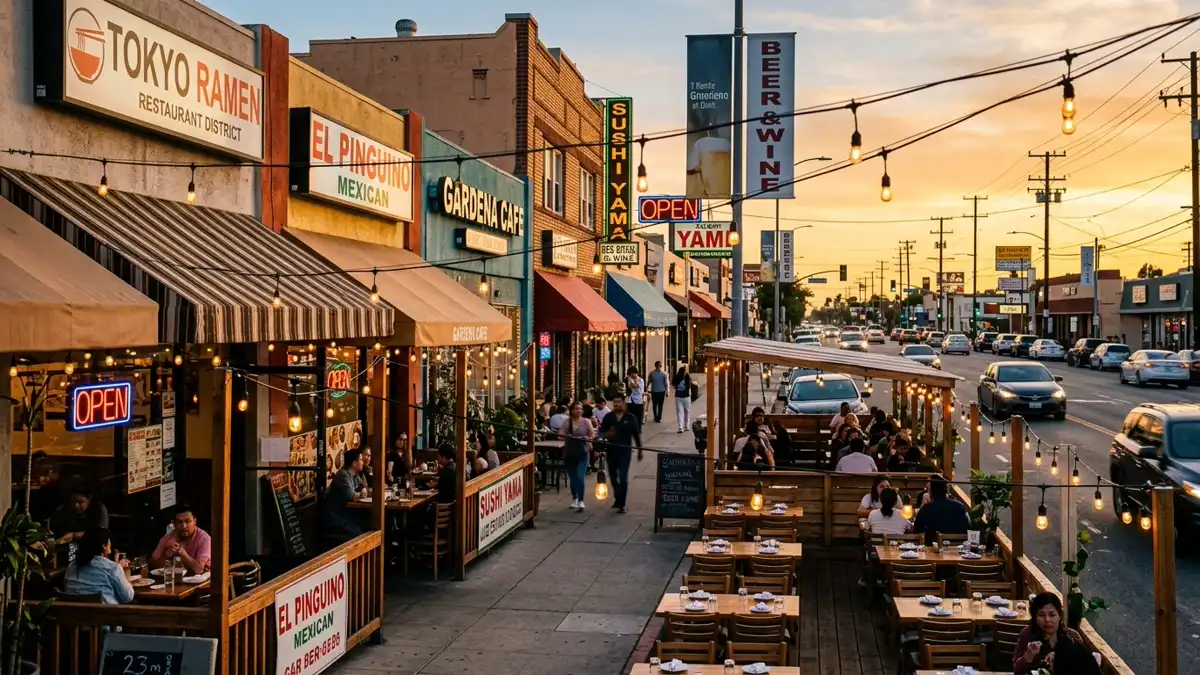 Restaurant district in Gardena, California with nearby public restroom facilities