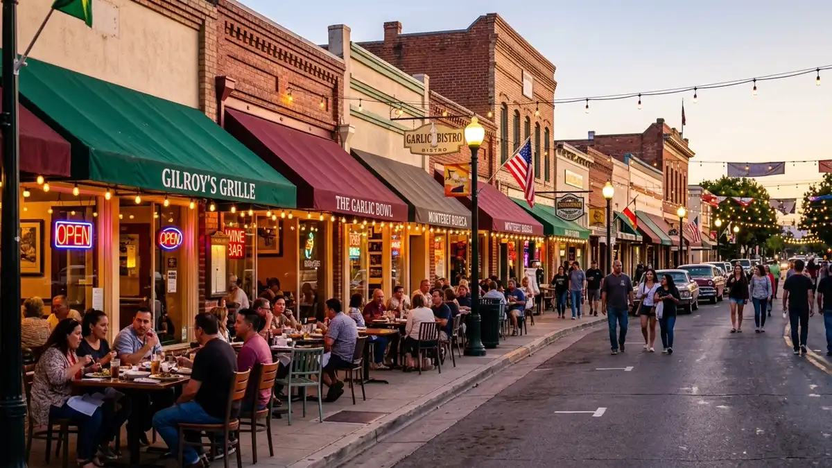 Restaurant district in Gilroy, California with nearby public restroom facilities