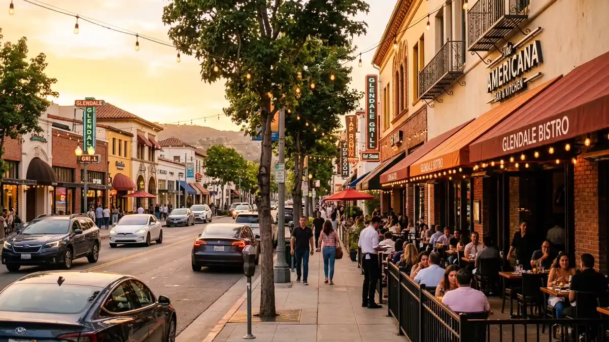 Restaurant district in Glendale, California with nearby public restroom facilities
