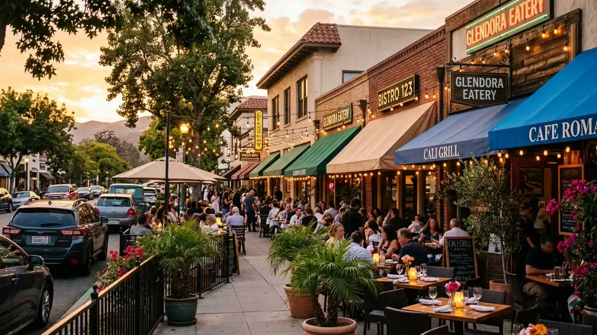 Restaurant district in Glendora, California with nearby public restroom facilities