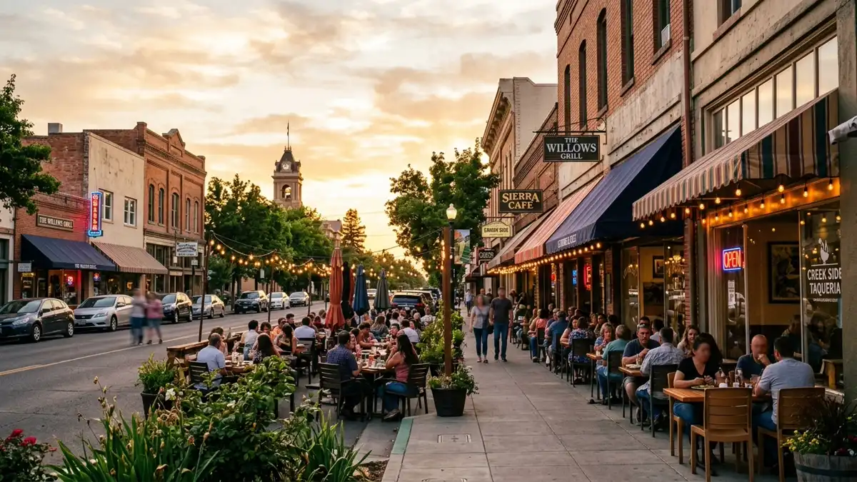 Restaurant district in Glenn County, California with nearby public restroom facilities
