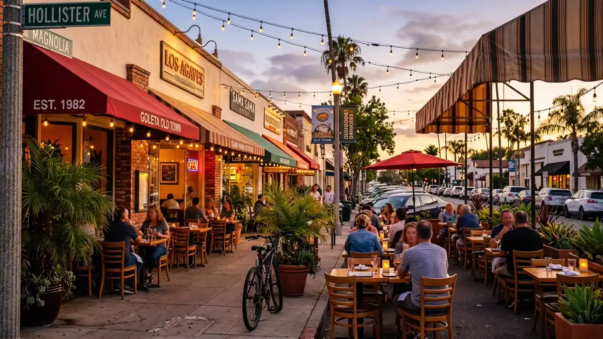 Restaurant district in Goleta, California with nearby public restroom facilities