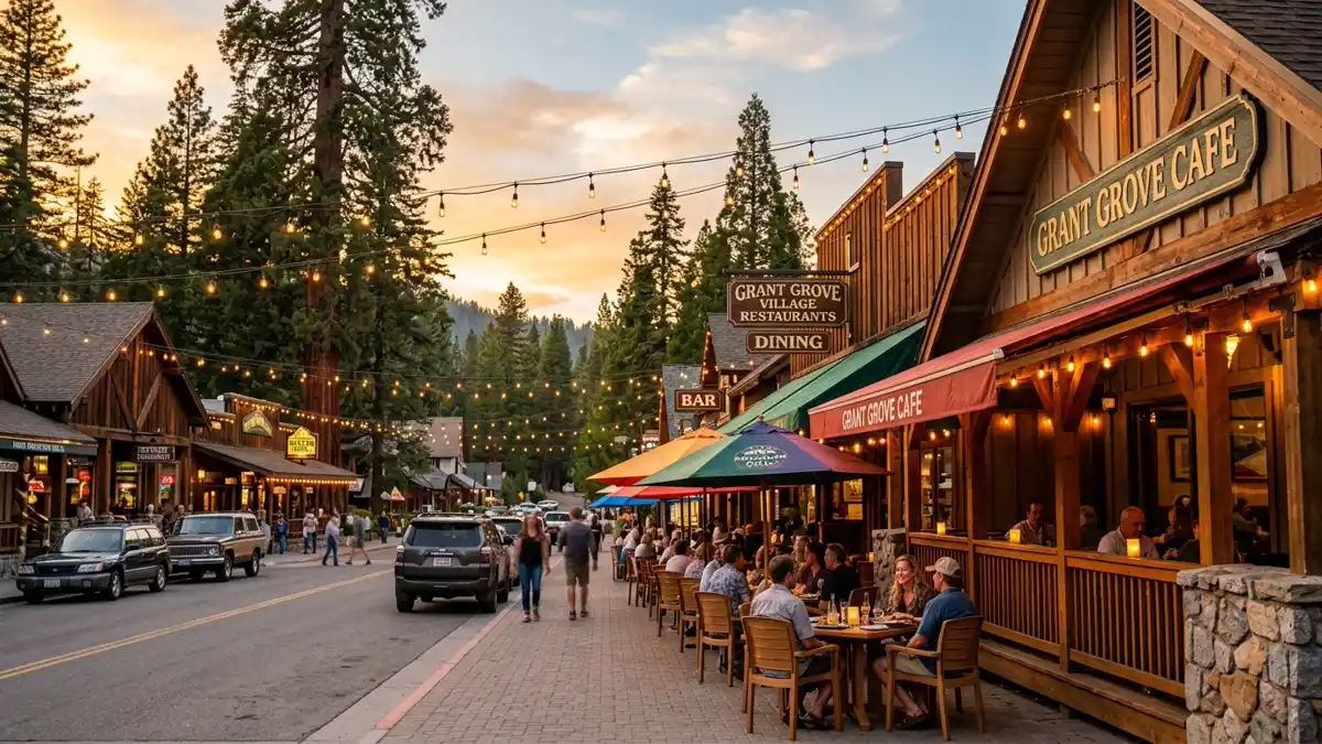 Restaurant district in Grant Grove Village, California with nearby public restroom facilities