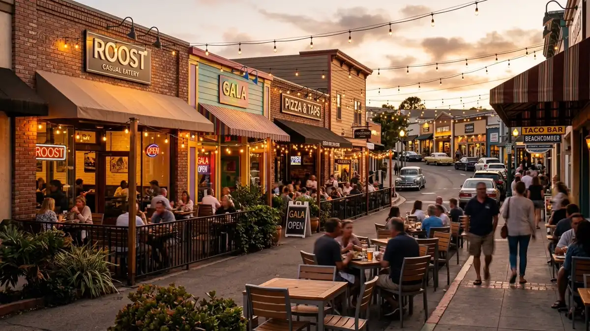 Restaurant district in Grover Beach, California with nearby public restroom facilities