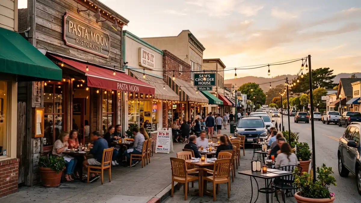 Restaurant district in Half Moon Bay, California with nearby public restroom facilities