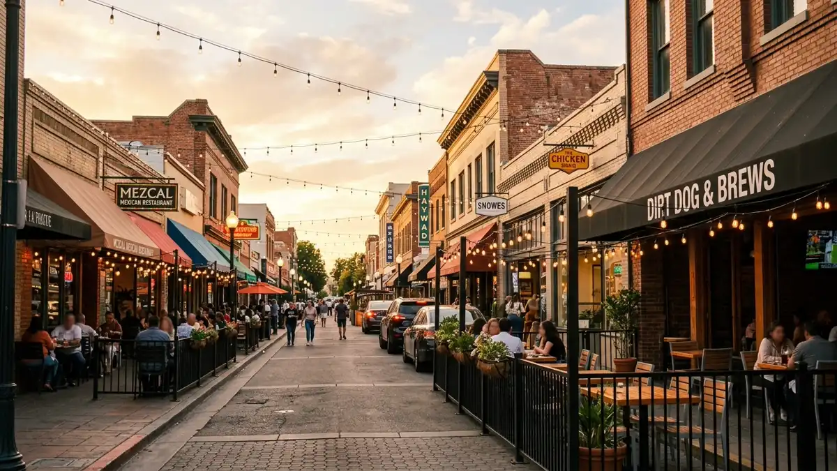 Restaurant district in Hayward, California with nearby public restroom facilities