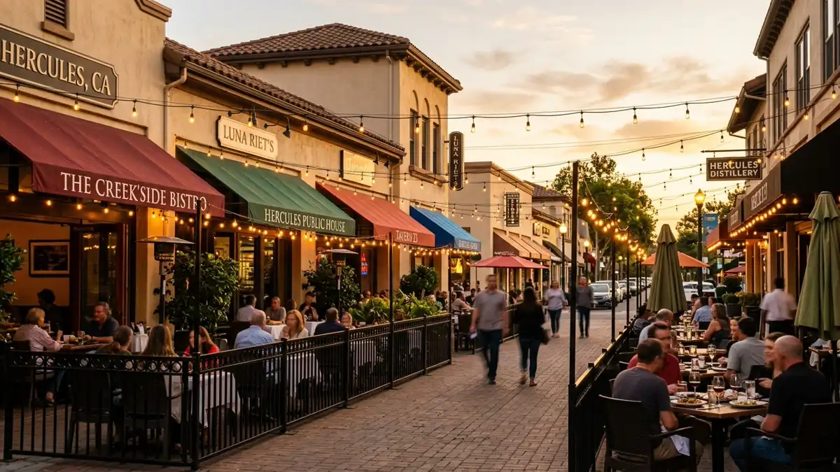 Restaurant district in Hercules, California with nearby public restroom facilities