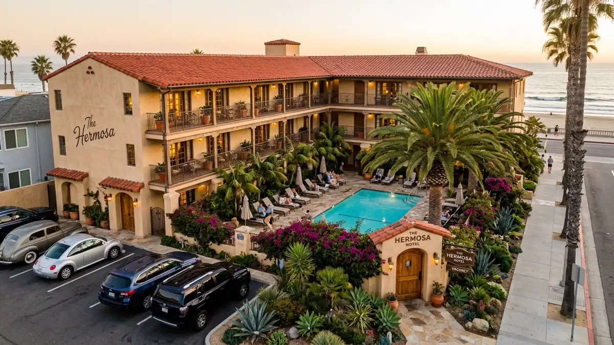 Hotels and accommodation options near mapped restrooms in Hermosa Beach, California