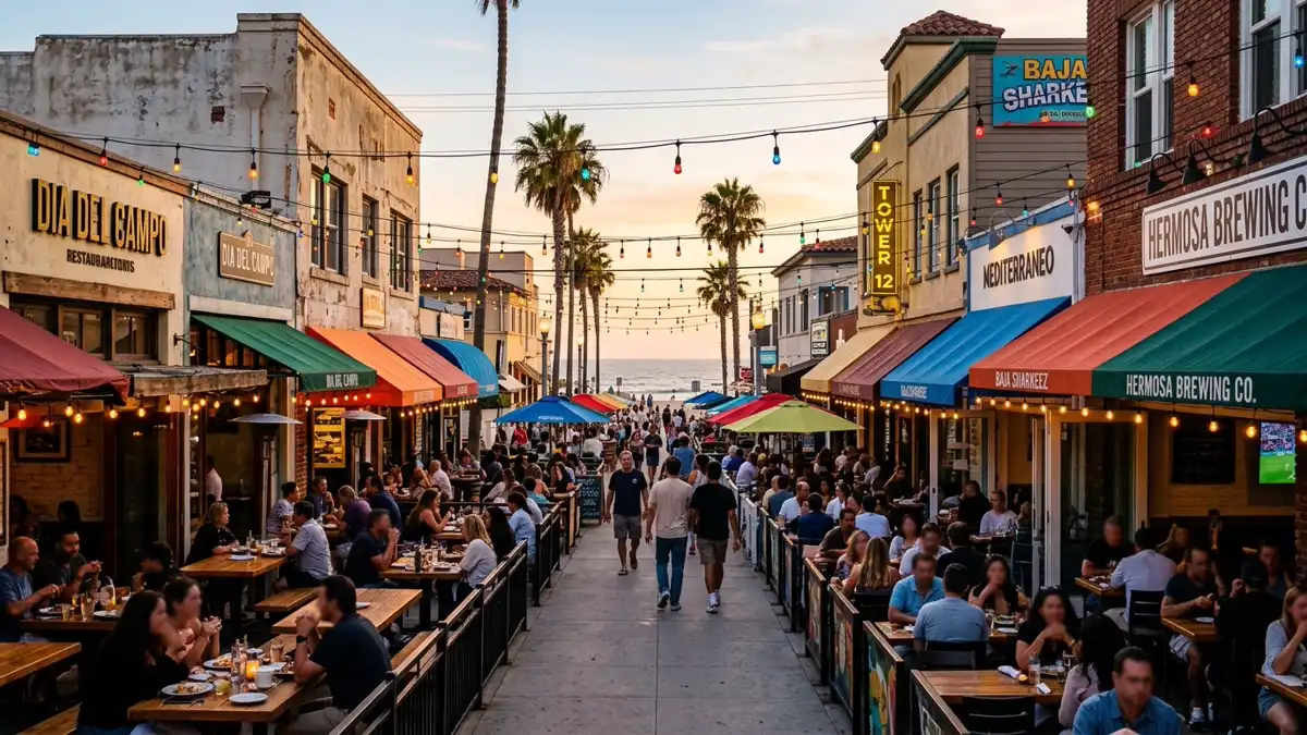 Restaurant district in Hermosa Beach, California with nearby public restroom facilities