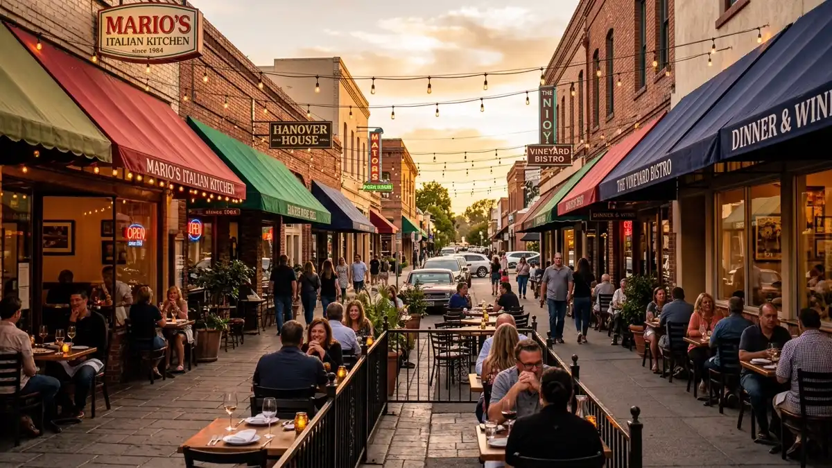 Restaurant district in Hollister, California with nearby public restroom facilities