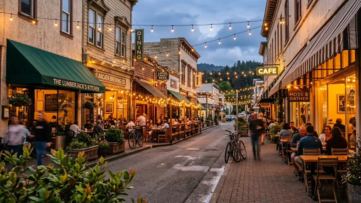 Restaurant district in Humboldt County, California with nearby public restroom facilities