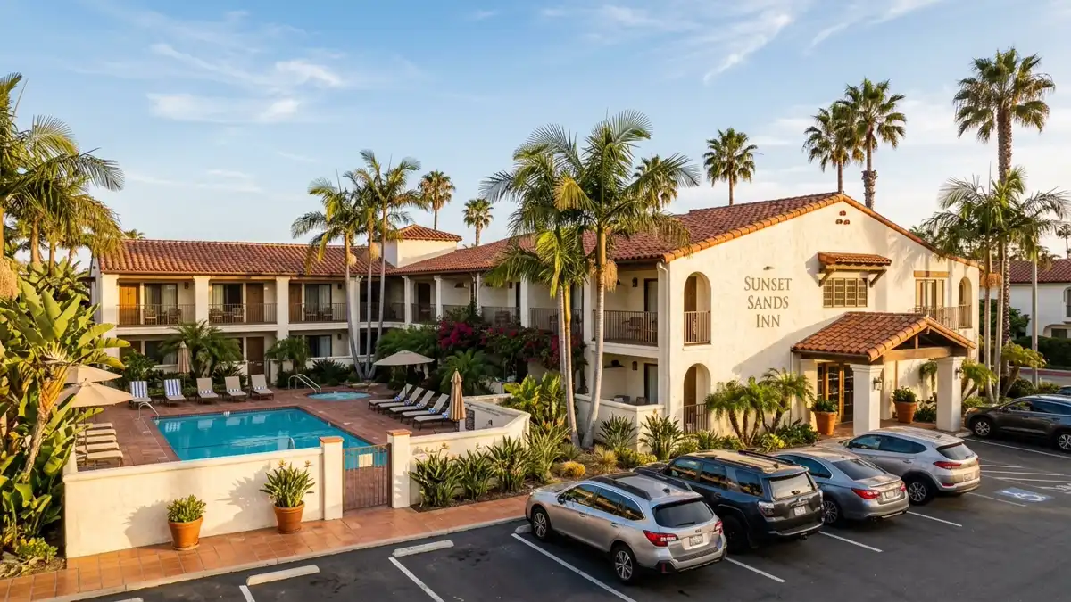 Hotels and accommodation options near mapped restrooms in Huntington Beach, California